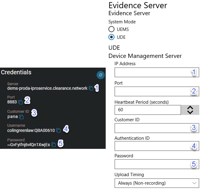 The Credentials section of the device page in Clearance with callout numbers indicating which fields must be copied to the i-PRO BWC evidence server section.