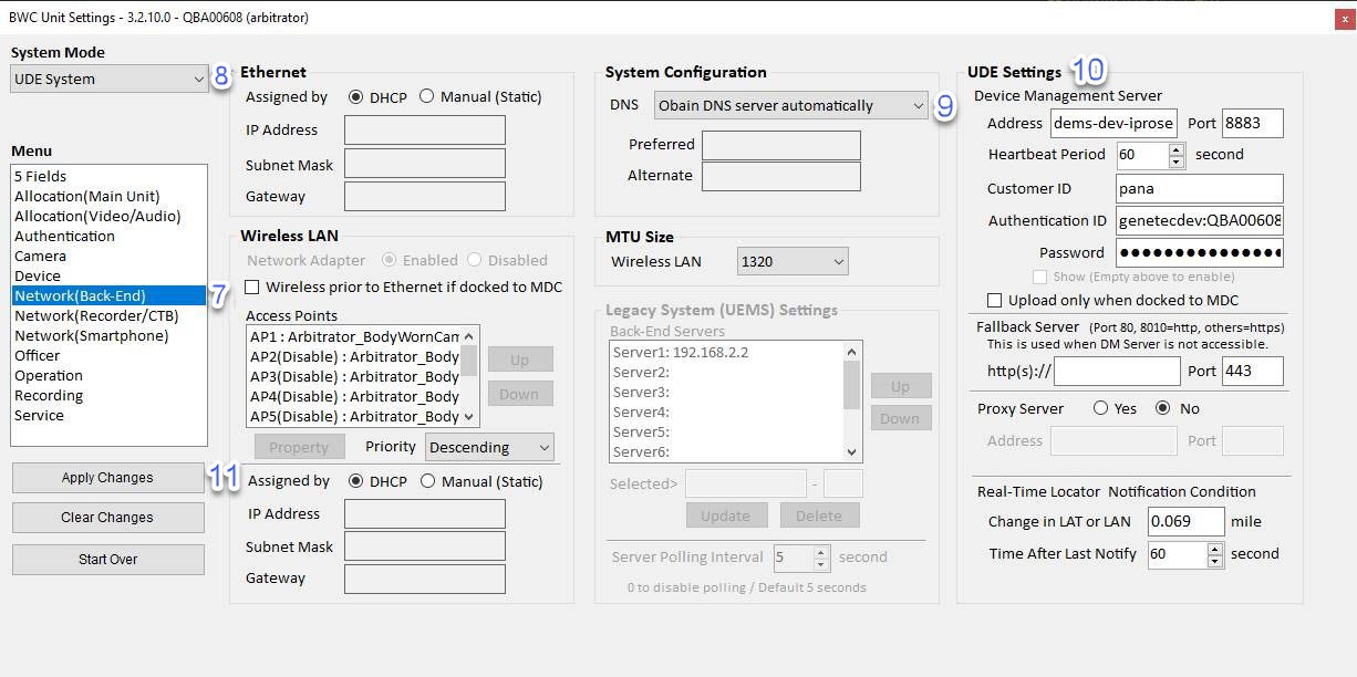 The i-PRO BWC device configuration tool with callout numbers indicating the settings that must be configured.