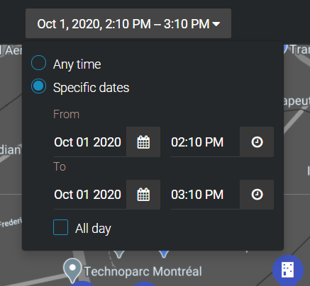 The time selection menu showing the option to show any time or a specific date and time.