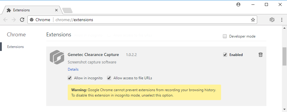 The Google Chrome Extensions page showing Genetec Clearance™ Capture.