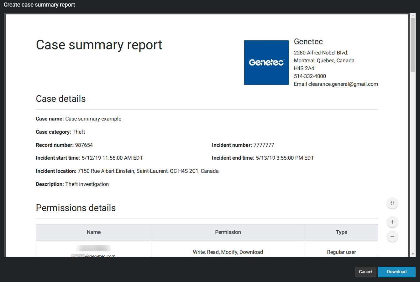 The case summary report, showing organization information and case details.