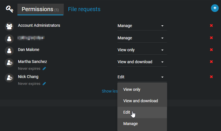 The permissions section showing a user's level of access being changed to Edit.