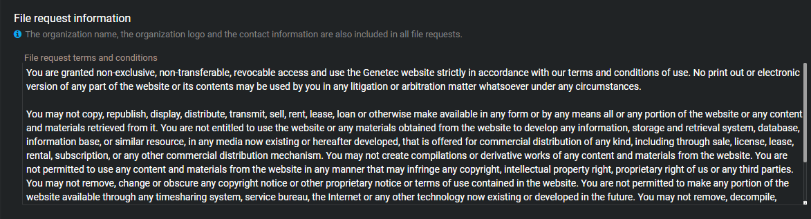 The File request information section in Clearance with text explaining the terms and conditions users must agree to.