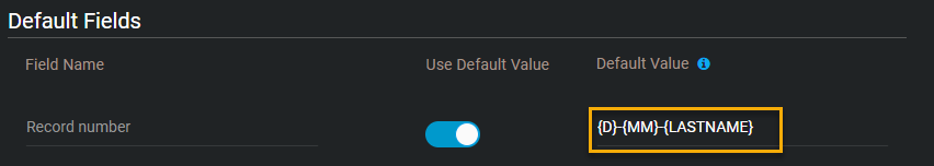 The default fields section with the Default Value field, showing the ID template, highlighted.