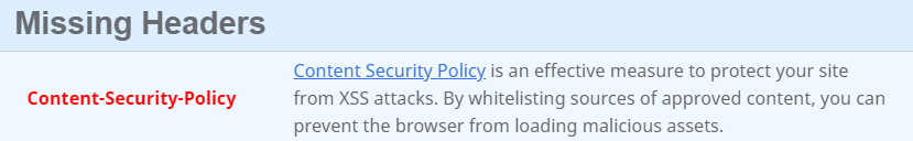 The Missing headers section showing the Content-Security-policy.