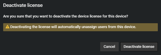 The deactivate license window notifying the user that deactivating the device license automatically un-assigns users from the device.