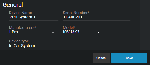The new device setup menu showing the device name, serial number, manufacturer, and model fields to be configured.