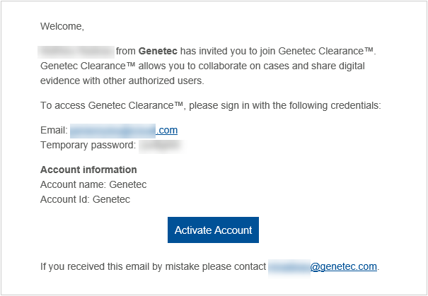 The "account created" Clearance email notification, showing login information and account information.