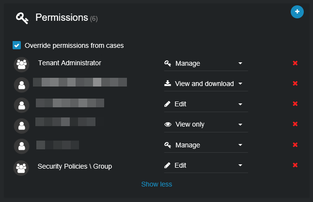 The permissions section showing the Override permissions from cases check box activated.