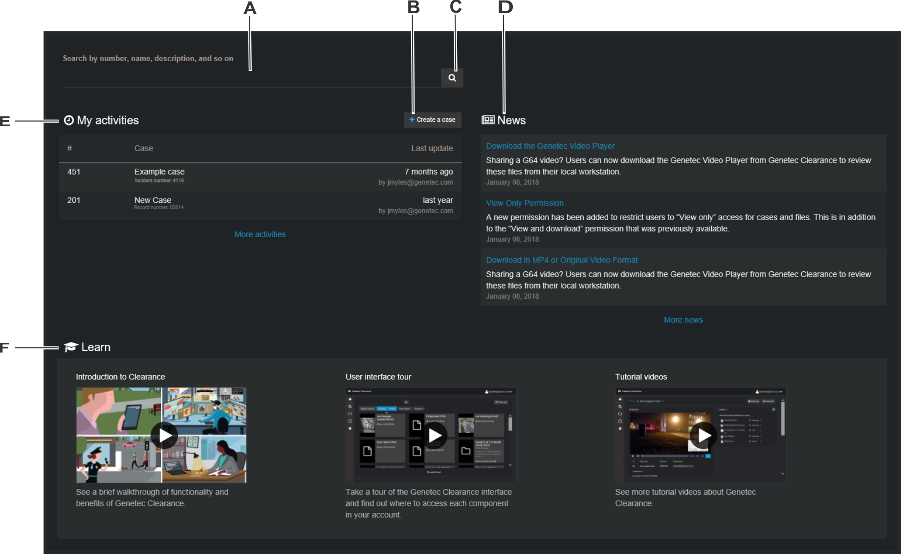 The home page in Clearance, with callouts to the UI elements.