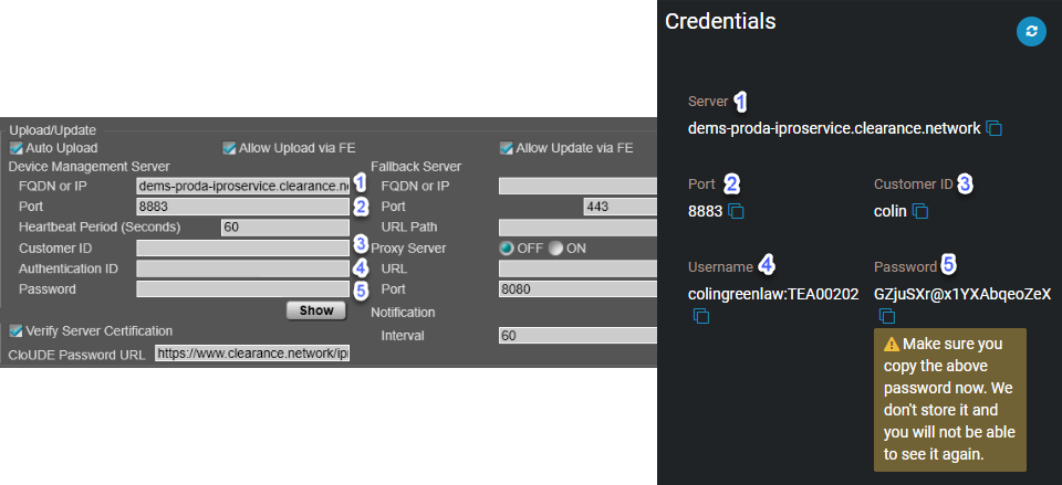 The Credentials section of the device page in Clearance with callout numbers indicating which fields must be copied to the i-PRO device configuration tool.