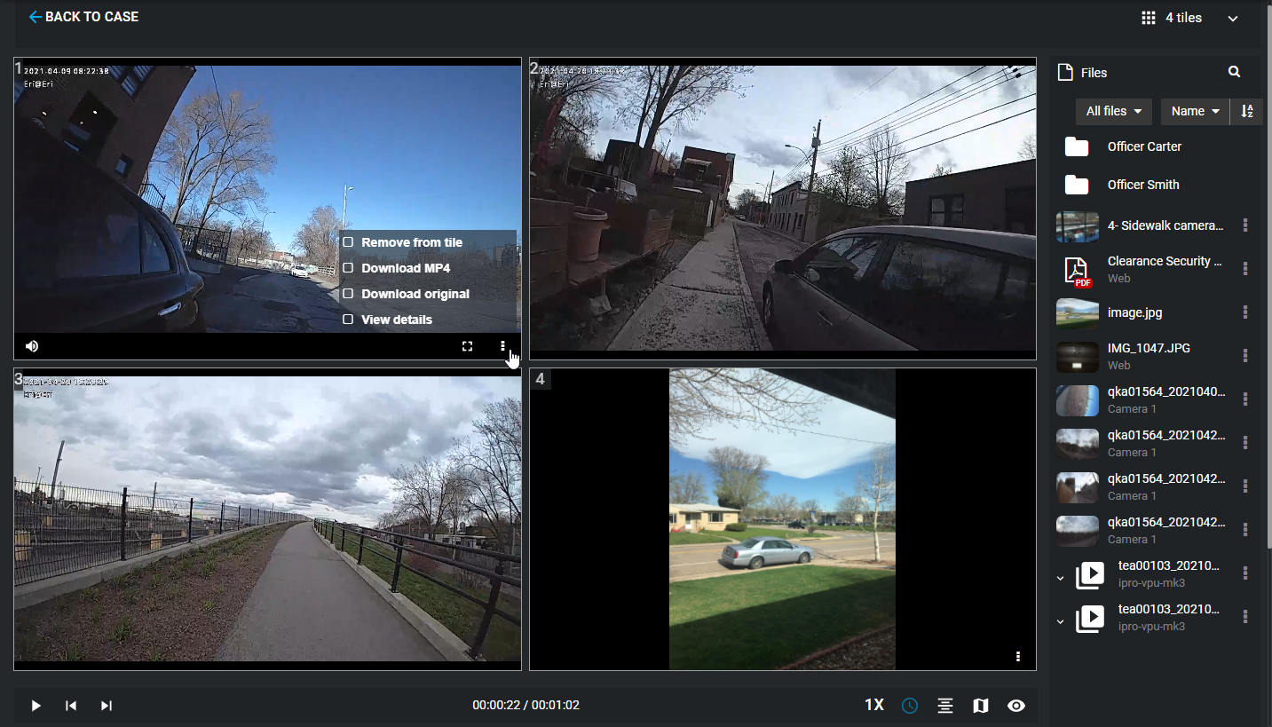 The video player multi-tile view showing controls and a list of files that can be added to the view.