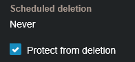 The Scheduled deletion section showing the Protect from deletion check box activated.