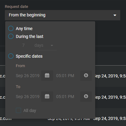The request date menu showing time range selection options.
