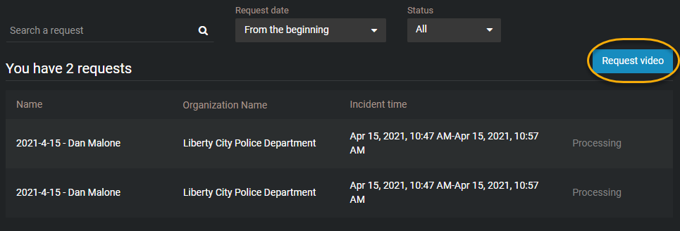 The requests page showing the request video button highlighted.