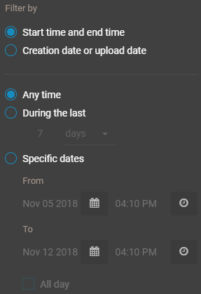 Filter by dialog in Clearance showing date and time options