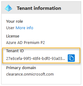 The Active Directory Tenant information page, with the Tenant ID section highlighted.