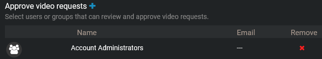 The Approve video requests section showing a list of users and groups.