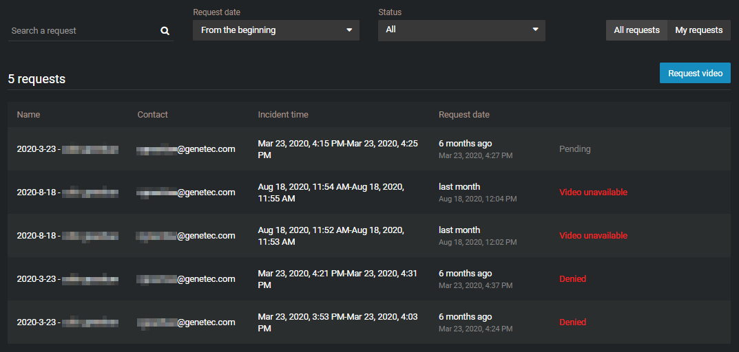 The Requests page showing a list of requests, their status' and the option to Request video.
