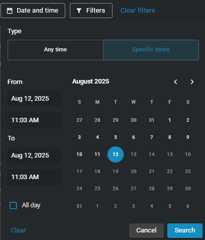 The time selection menu showing the option to show any time or a specific date and time.