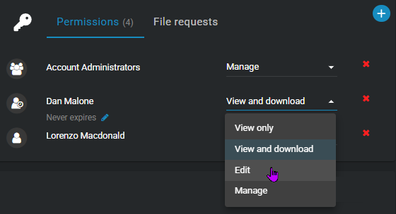 The permissions section showing a user's level of access being changed to Edit.