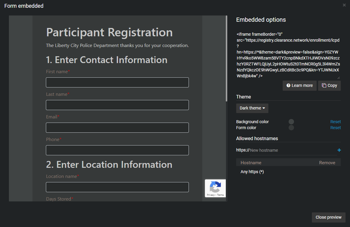 The Embed form page in Clearance, showing the form URL, form appearance theme configuration, and list of allowed hostnames.