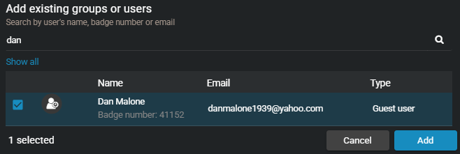 The Add existing groups or users window showing the earch bar and results from which users and groups can be selected.