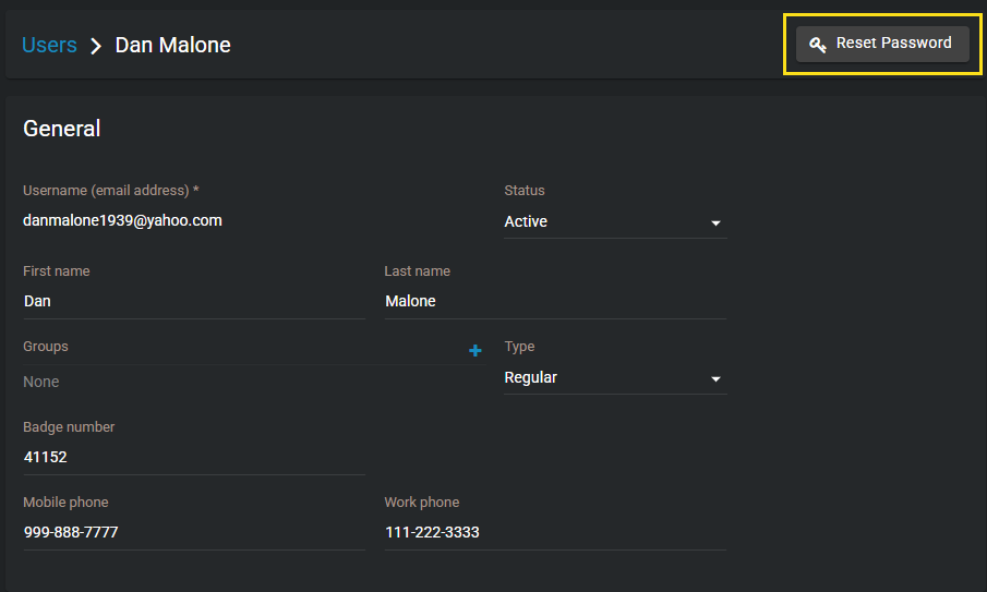 The user page in Clearance with the Reset password button highlighted.