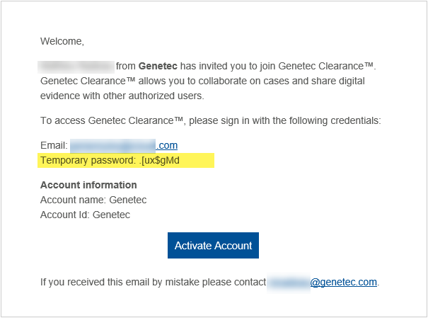 The "invitation to Clearance" email notification, showing login credentials and account information.