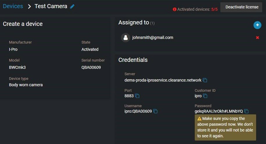 A device in Clearance with the device info, assignments, and credentials displayed.