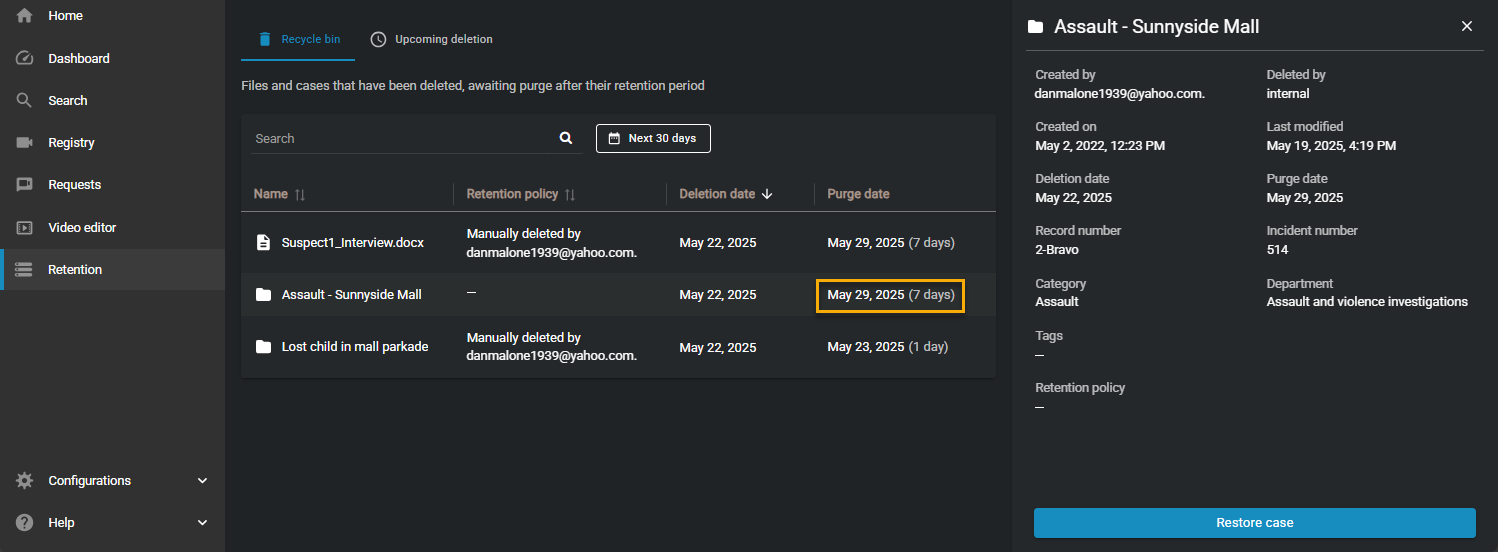 The recycle bin in Clearance with the purge date of the case in question highlighted.
