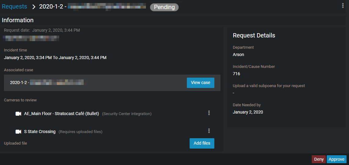 The video request review page showing request details, a link to the case, an option to add files, and the choice to approve or deny the request.