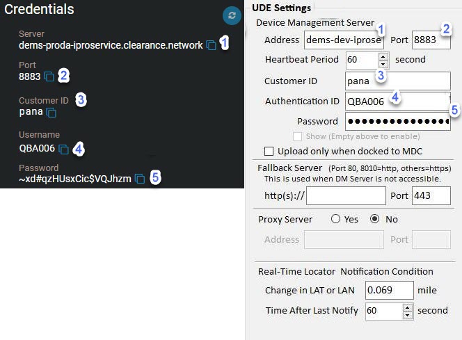 The Credentials section of the device page in Clearance with callout numbers indicating which fields must be copied to the i-PRO BWC device configuration tool.