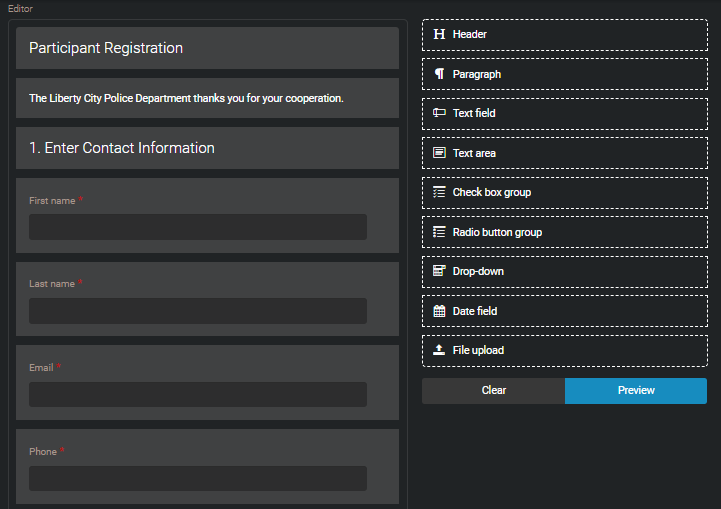 The participant enrollment form in Clearance showing a list of elements supported in the form.