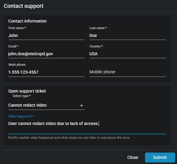 The Contact support section in Clearance, showing contact information and support ticket details.