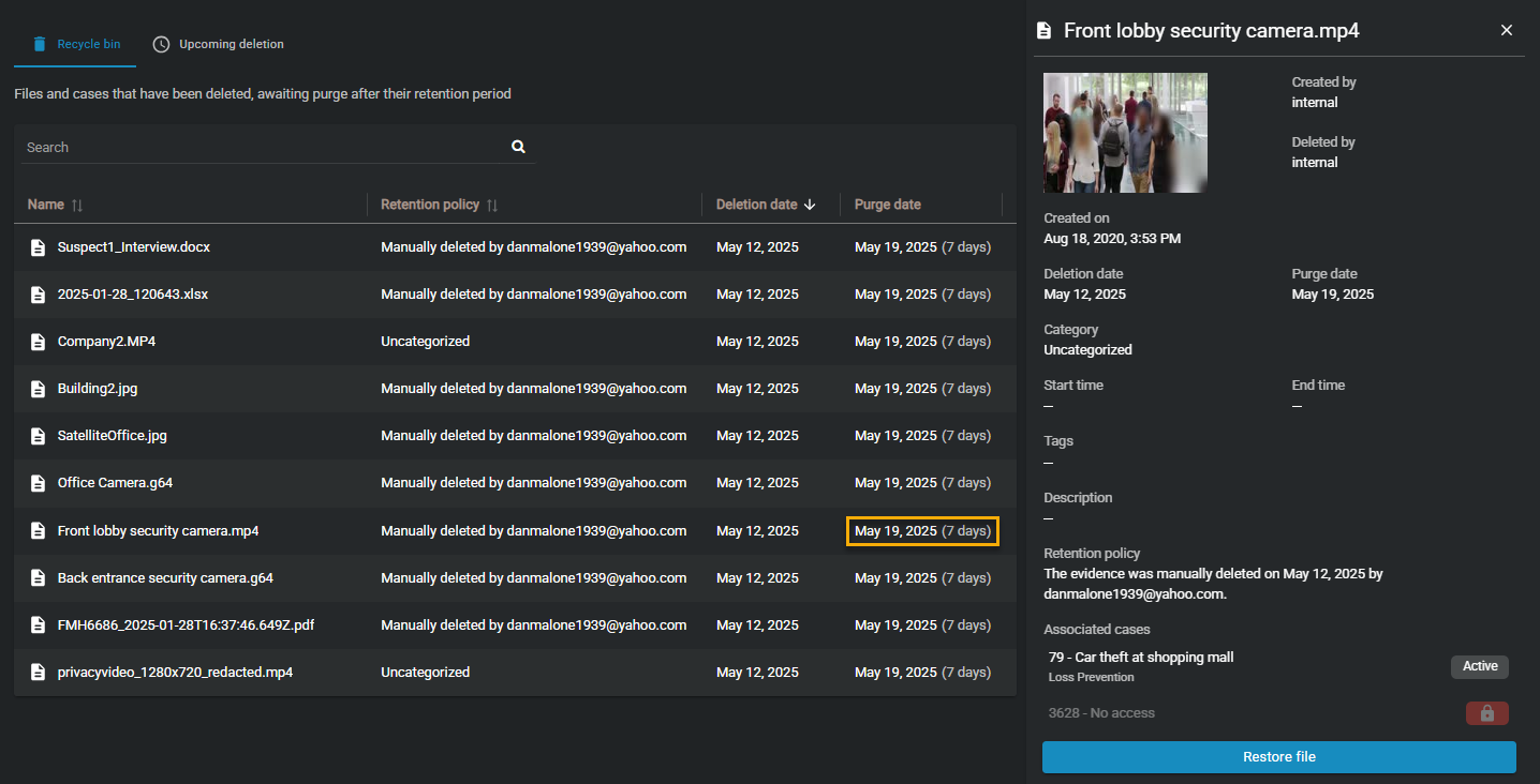 The Recycle bin showing the file that was deleted scheduled for permanent deletion in 7 days.