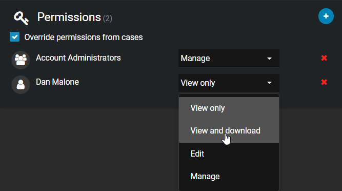 The permissions section of the File details page showing the level of access for a user being set to View and download.