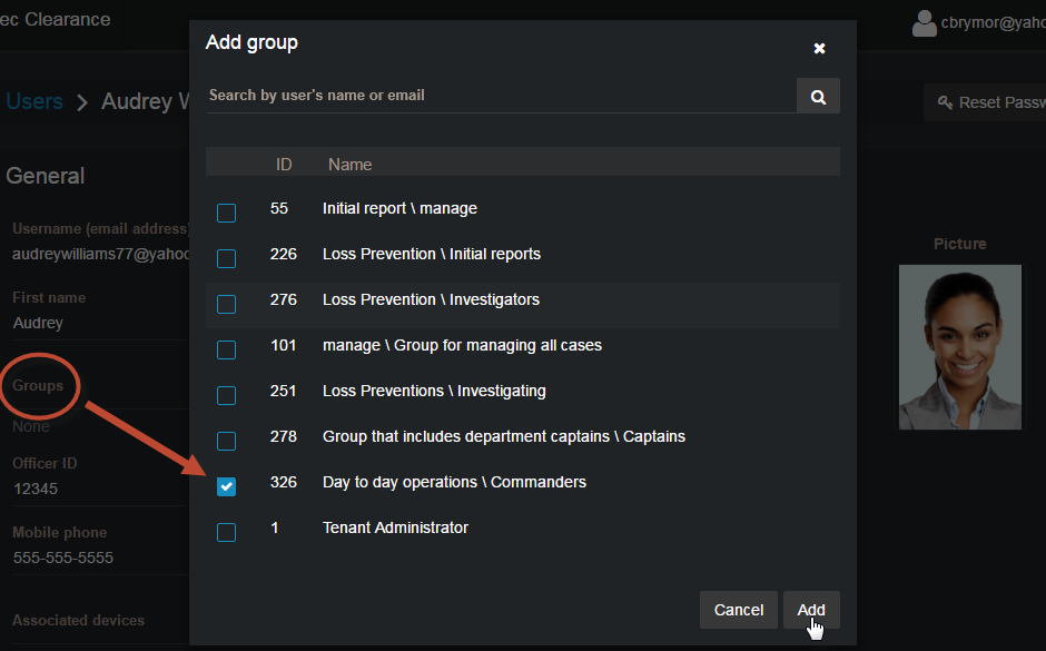 The Add group window with a list of groups that the user can be added to.