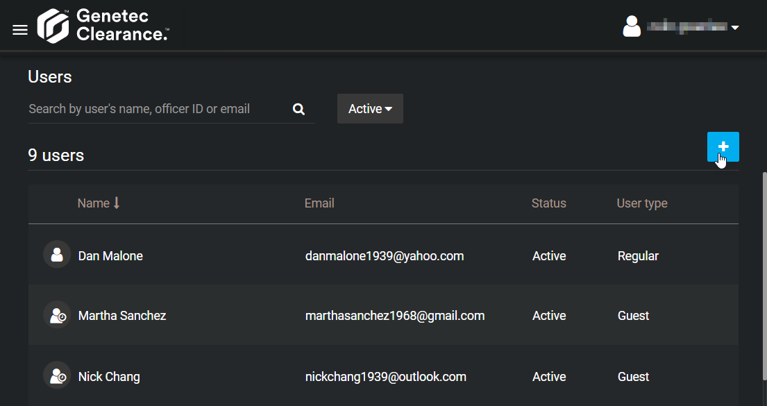 The Users page showing a list of users and their identifying information.