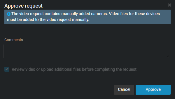 The request approval page showing a comments field and the option to approve or cancel.