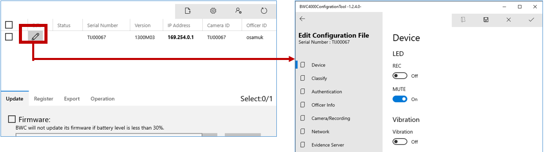 The BWC 4000 configuration tool with the edit button highlighted.