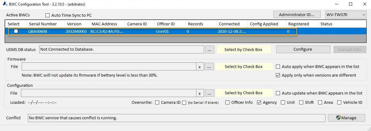 The i-PRO BWC device configuration tool with the device being configured highlighted.