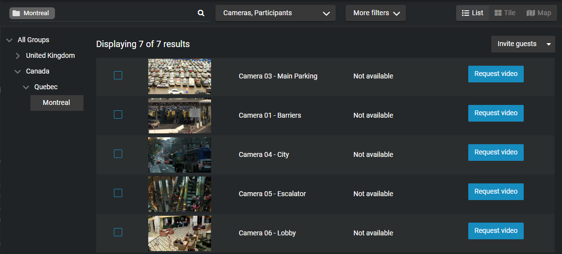 Search results showing a list of cameras from which video can be requested.