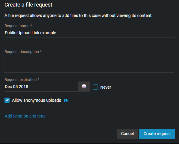 The Create file request section, showing request details.
