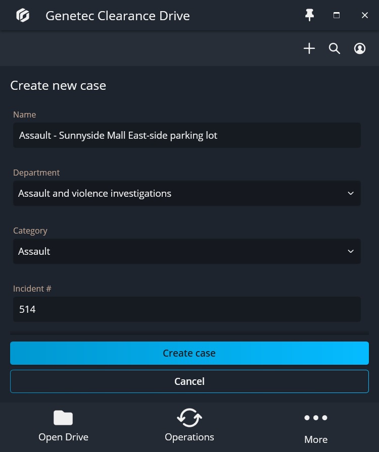 The Create new case page in Clearance Drive showing fields to be filled out and the option to create the case or cancel.