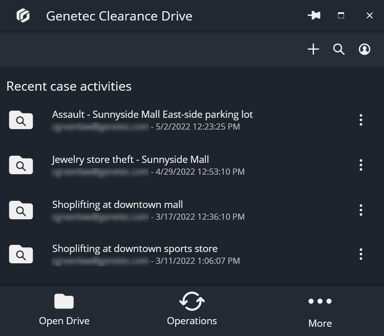 The Genetec Clearance™ Drive Recent case activities section showing a list of cases.