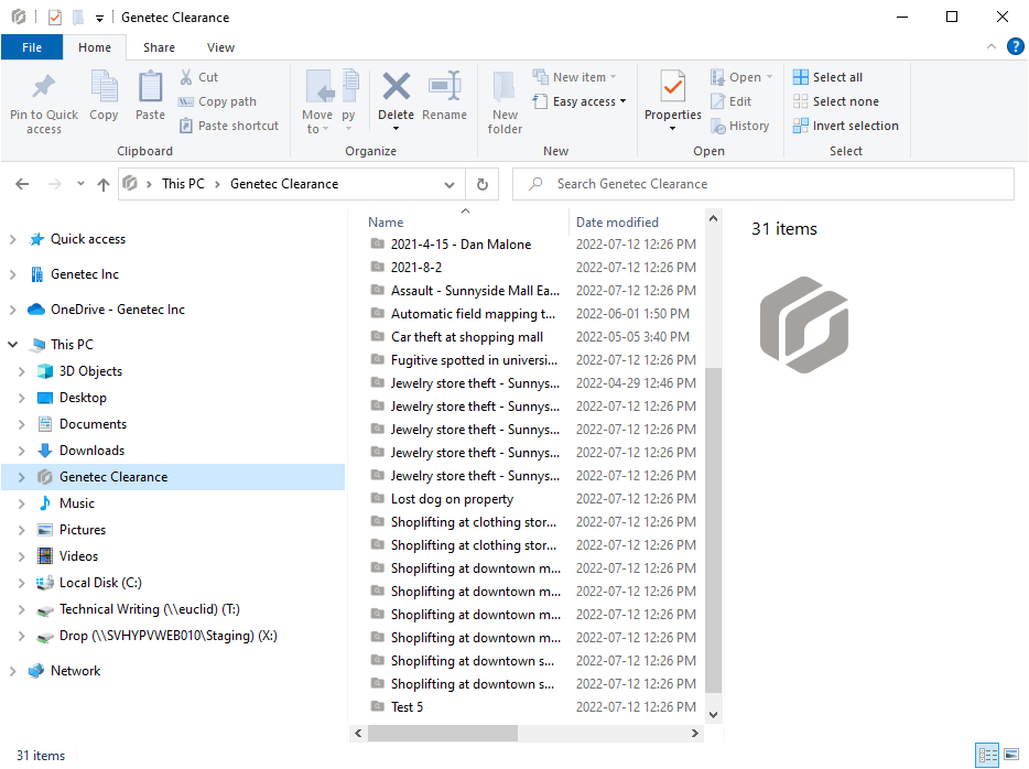The Genetec Clearance™ Drive file explorer window showing a list of files and cases.