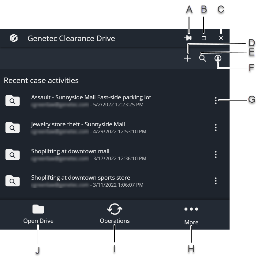 The Genetec Clearance™ Drive home page showing cases and UI elements marked with callouts.