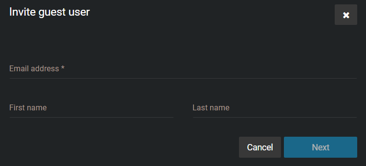 The Invite guest user form showing the option to cancel or proceed.