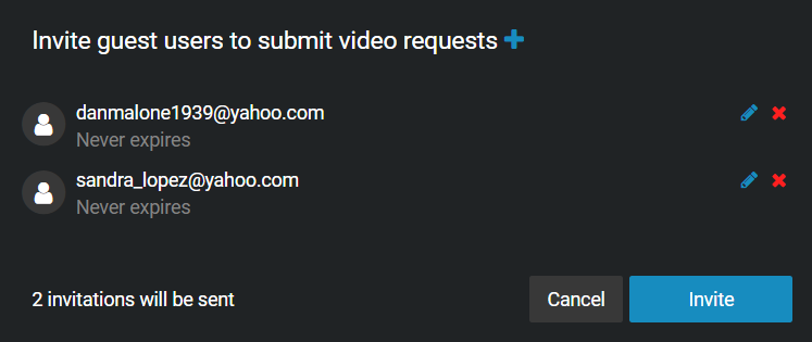 The Invite guest users to submit video requests section, showing a list of guest users being invited to create requests.